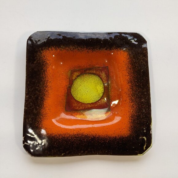 Mid Century Modern orange brown yellow Square Glass Dish for vintage credenza - Picture 2 of 8
